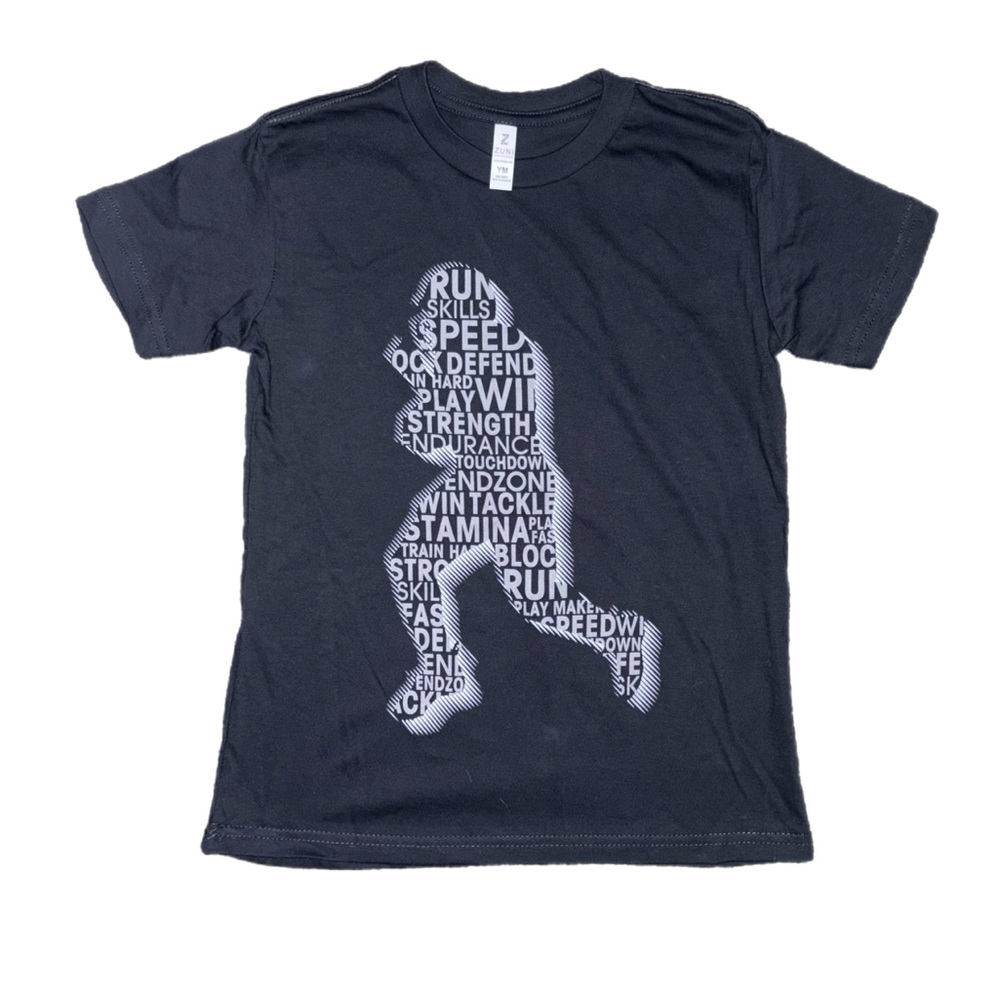 Zuni youth graphic tee with football player text design.